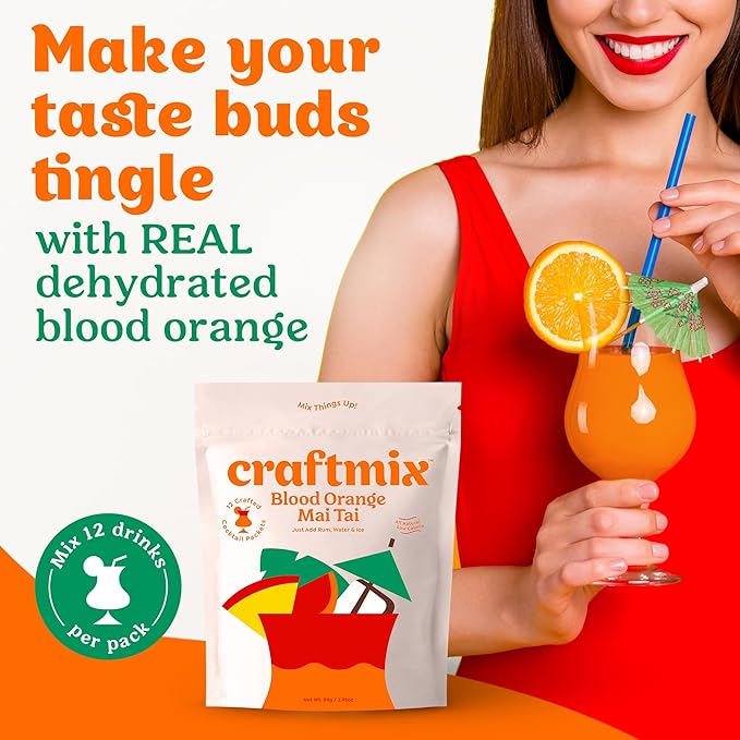 Craftmix Blood Orange Mai Tai Cocktail & Mocktail Drink Mixer, Skinny Mixes - Water Flavoring Packets - Made With Real Fruit - Vegan Low-Carb, Low-Sugar, Non-GMO, Dairy Free, Gluten Free, 12 Pack