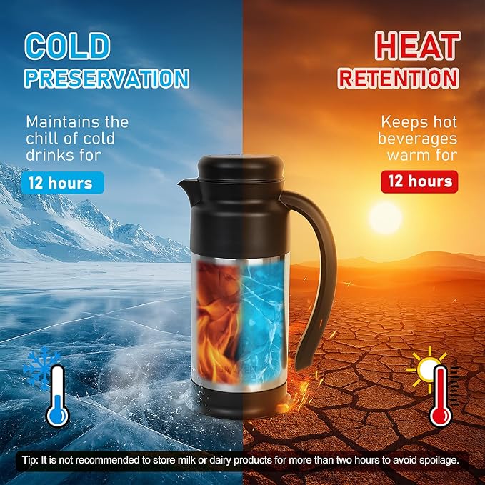 Creamer Pitcher for Coffee,0.75L/25 Oz Thermal Coffee Carafe,Stainless Steel Coffee Carafes for Keeping Hot and Cold,Double-Wall Design,12-Hour Hot & Cold,Leak-Proof,Portable for Travel,Camping,Office