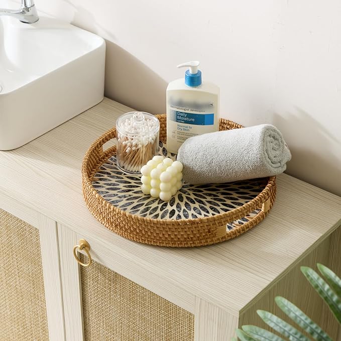 YANGQIHOME Round Rattan Tray with Handle, Mother of Pearl Inlay Decorative Wicker Basket for Coffee, Bread, Fruits, Serving Tray for Home Decor, Blue Leaf