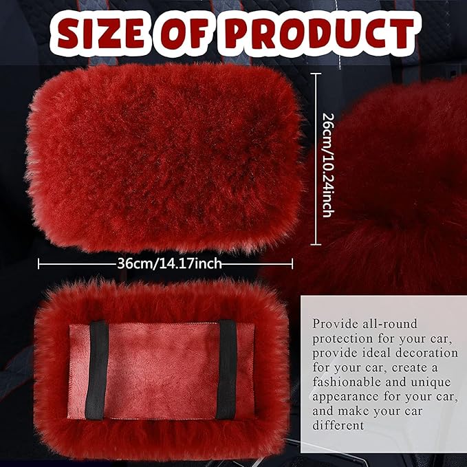 Frienda Furry Armrest Cover Auto Center Console Cover Car Soft Console Pad, Real Sheepskin Wool Soft Fluffy Auto Center Armrest Pad for Most Car Decoration Protector(Wine Red)
