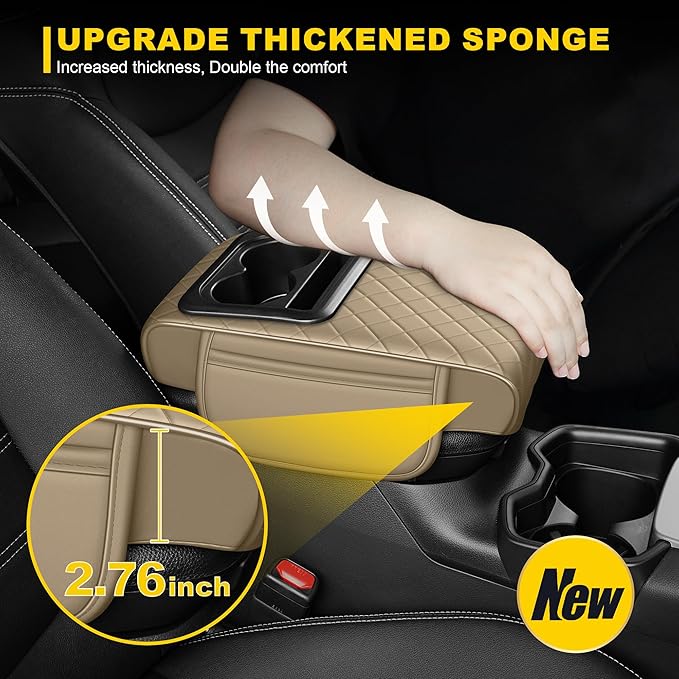 Center Console Cover for SRX: Armrest Cover for Car with 2 Storage Bags - Waterproof Leather Center Console Cover with Cup Holder for Car,Anti-Scratch Auto Armrest Pad Accessory （Beige