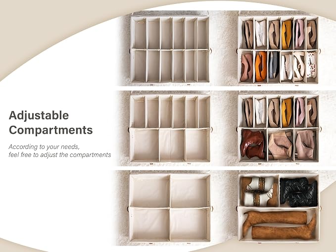 StorageWorks Underbed Shoe Storage Organizer for Closet, 2-Pack Under Bed Shoe Organizer with Bottom Support and Adjustable Dividers, Fits up to 24 Pairs, Beige