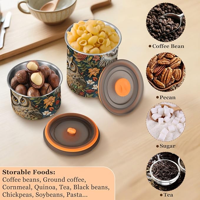 ALAZA Owl Rose Flower Airtight Coffee Bean Canister 500ml Food Storage Containers with Lids For Gournd, Tea, Sugar, Flour, Rice, Cereal, Candy Cookie Jar