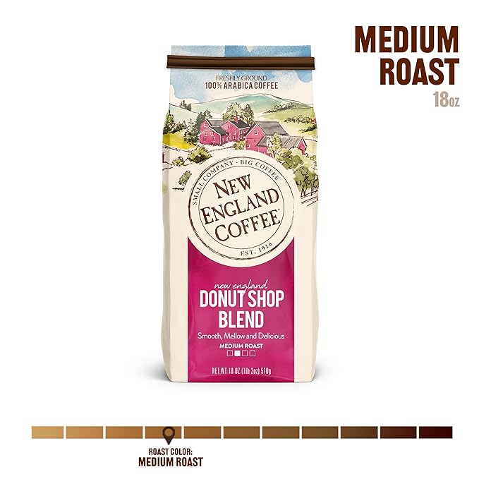 New England Coffee Donut Shop Blend Medium Roast Ground Coffee, 18oz Bag (Pack of 1)
