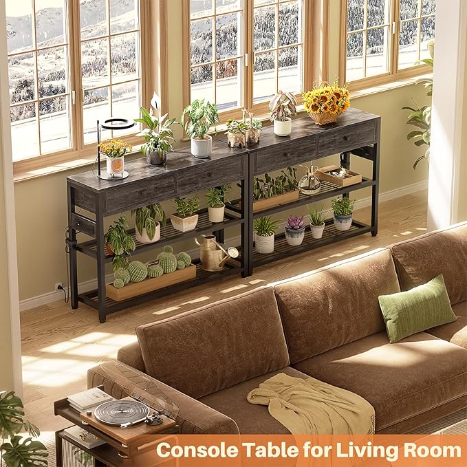 Ecoprsio Entryway Table with Outlets and USB Ports, Small Console Table with 2 Drawers, Sofa Table with Storage Shelves for Living Room, Couch, Hallway, Foyer, 32'', Grey Oak