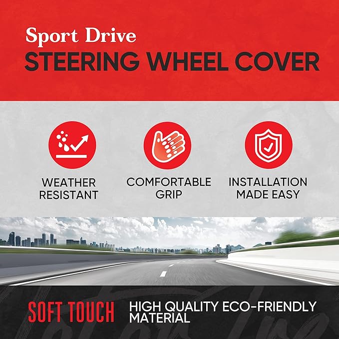 Motor Trend GripDrive Faux Black Leather Steering Wheel Cover for Car Truck Van SUV, Standard 15 inch Size, Blue Accent Stitched Car Steering Wheel Cover Vehicle & Auto Accessories