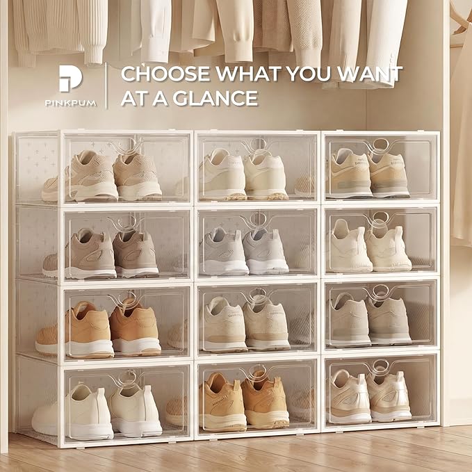 Pinkpum 12 Pcs XLarge Shoe & Sneaker Storage Organizer Box Clear Plastic Stackable Closet Black