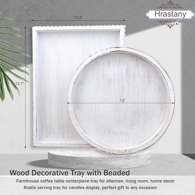 Round Wood Serving Tray with Beaded, 13” Rustic Wooden Decorative Coffee Table Tray for Centerpiece, Ottoman, Farmhouse Circle Trays for Counter, Living Room, Home Decor (Whitewashed)