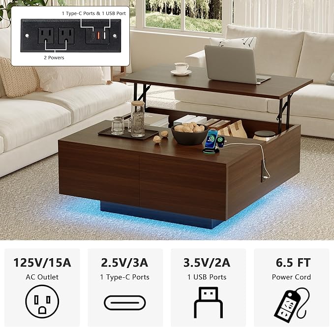Square Lift Top Coffee Table, 31.5" Wooden Coffee Table with 2 Drawers & Hidden Storage, LED Lights & Charging Station, Mid Century Modern Center Table for Living Room Home Office (Walnut)