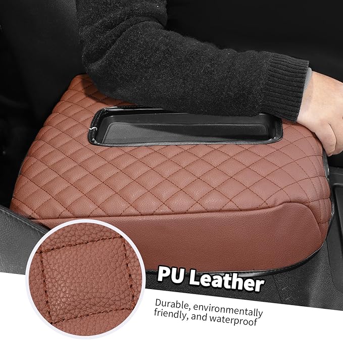 Jimen Car Center Console Cover Pad Fit for Chevy Silverado/Avalanche/Tahoe/Suburban 2007-2013, Leather Armrest Cover Fit for GMC Yukon 2007-2013 (Brown)
