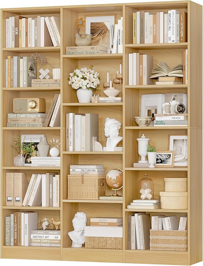FACBOTALL Triple Wide Bookshelf, 6 Tier Large Bookshelf, Bookcase with 17 Open Display Shelves, 74'' Tall Bookcases and Bookshelves for Living Room, Home Office, Library, Natural