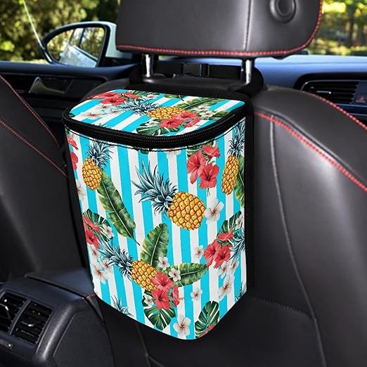 KEIAHUAN Tropical Flower Pineapple Car Trash Can with Lid Car Accessories for Women Men Collapsible Auto Garbage Bag Hanging for Back Seat Multipurpose Trash Bag for Sedans,SUVs & Trucks
