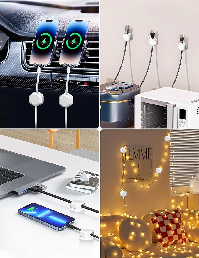Cord Holder - Cable Clips - Cord Organizer for Desk - Cord Holder for Nightstand - for Desk, Nightstand, Phone Charger, Computer, Home, Office, Car（12pcs）