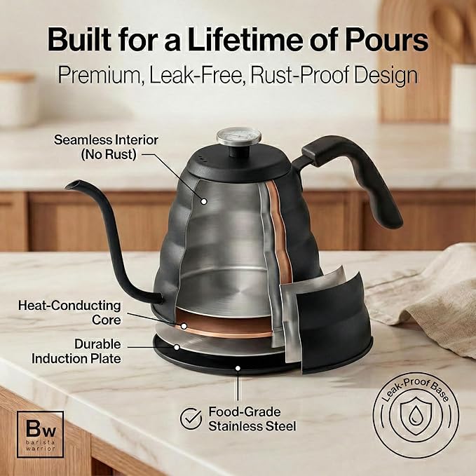 Barista Warrior Gooseneck Kettle for Pour Over Coffee and Tea with Thermometer for Exact Temperature, Precision Pour Drip Spout, Compatible with all Stove Tops (Matte Black, 1.2 Liter, 40 fl oz)