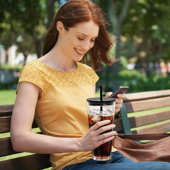 24oz Tumbler with Lid and Straw, Leak Proof and Double Wall Insulated Reusable Plastic Cups,Travel Reusable Iced Coffee Cup (2, Black)