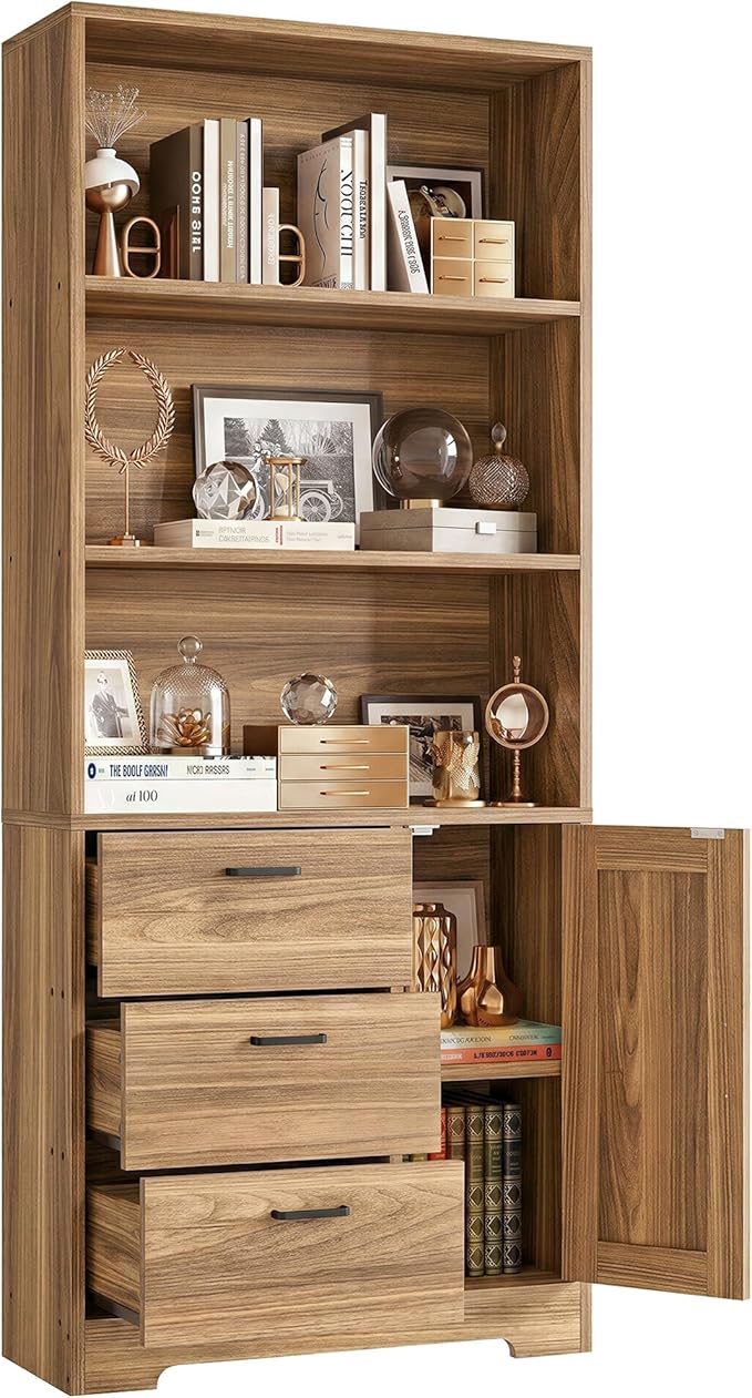 IRONCK Bookshelf with Doors and 3 Drawers 71 in Tall Bookshelf with Storage, Industrial Book Shelf with 3-Tier Shelves for Living Room Entrance Hallway Home Office