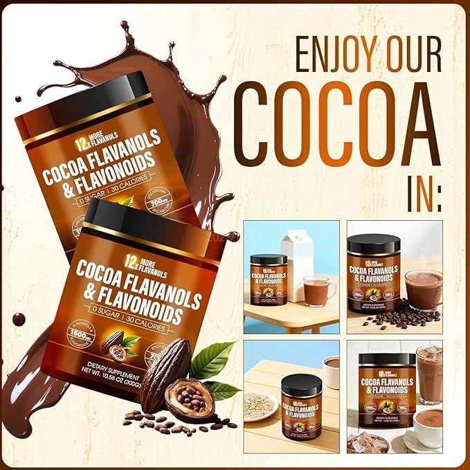 High Flavanol Cocoa Powder, Cocoa Flavanols 1500mg and 700mg Epicatechin with Theobromine, Circulation & Antioxidant Support – Unsweetened, Smooth & Rich Taste (1)