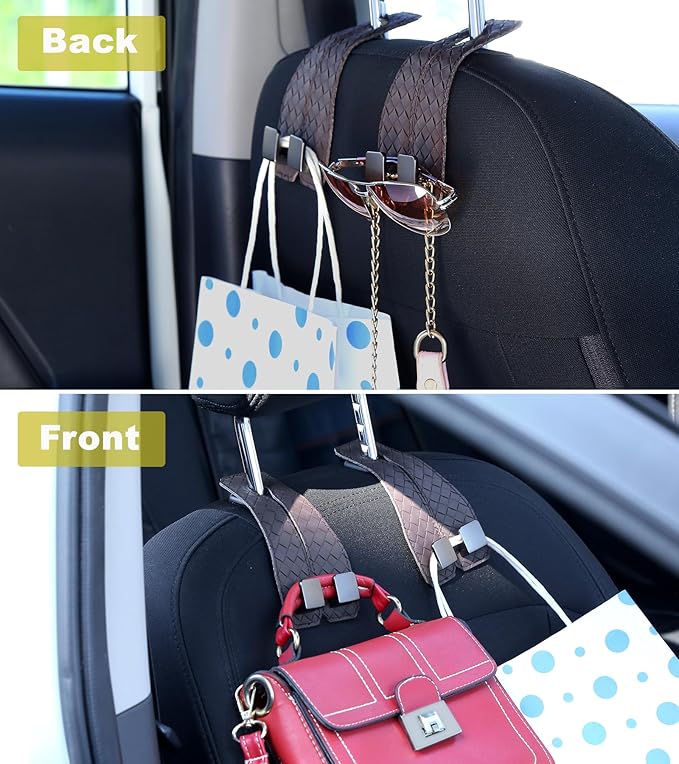 2 Pack Car Seat Headrest Hooks, Nappa Leather Car Back Seat Hangers for Purses and Bags, Woven Design with Double Dual Zinc Alloy Hooks for Car Organization and Storage (Dark Taupe)