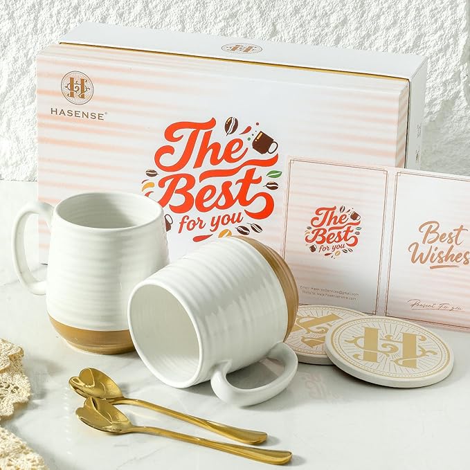 HASENSE Coffee Mugs Gift Set, 20oz Ceramic Mugs Set of 2 with Handle, Glaze Coasters & Spoons in Storage Box,Perfect Valentine‘s Day Gift for Coffee Tea and Cocoa, White