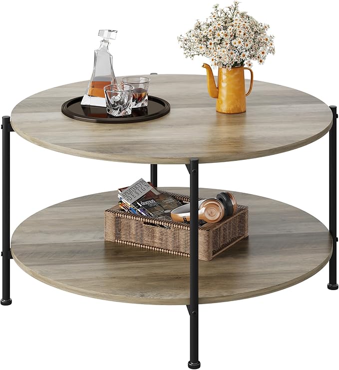 WLIVE Round Coffee Table, 32.6" Small Coffee Table with Storage Shelf, 2-Tier Circle Wood Center Table for Living Room, Apartment, Rustic Brown (Grey, 32.6" D x 32.6" W x 17.5" H)