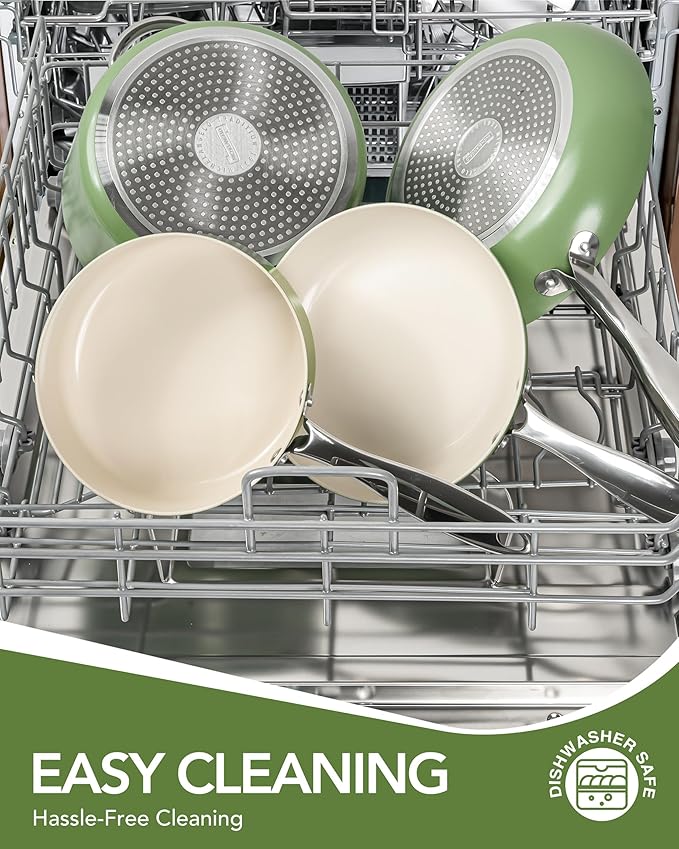 MICHELANGELO Pots and Pans Set Non Stick 8 Piece Ceramic Cookware Set Green | PFAS-Free Green Ceramic Nonstick Cookware Set for Eggs, Fish, Vegetables, Low-Oil Cooking and Induction Ready, Easy Cleanup