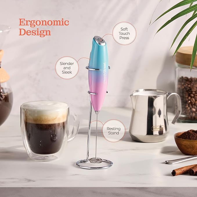 Powerful Handheld Milk Frother, Mini Milk Foamer, Battery Operated (Not included) Stainless Steel Drink Mixer with Frother Stand for Coffee, Lattes, Cappuccino, Frappe, Matcha, Chocolate (Teal/Pink)