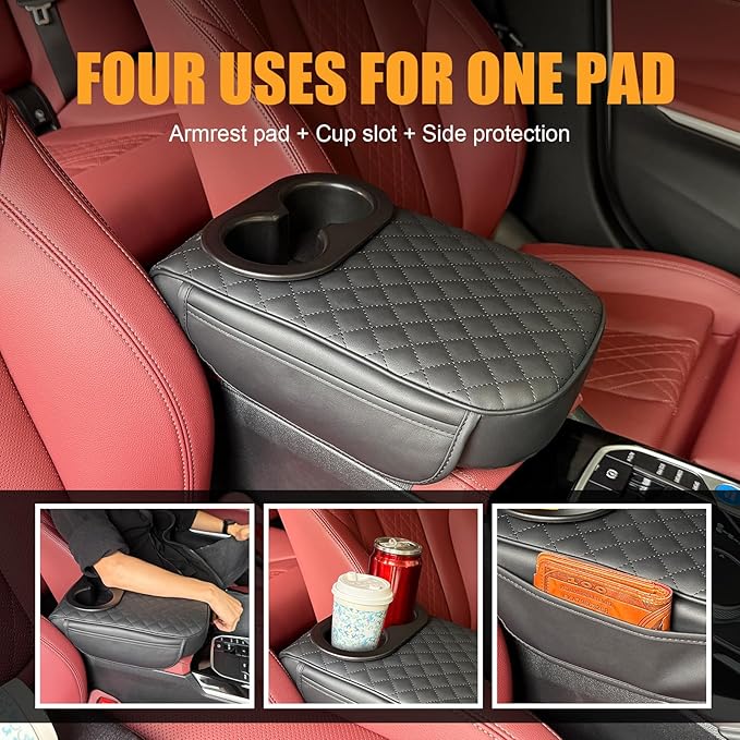 MAIKER Auto Center Console Armrest Pillow for Universal Car, PU Leather Car Armrest Cushion with Cup Holder and 2 Side Storage Bag, Armrest Box Cover Protector