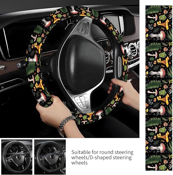 Steering Wheel Covers for Car, Truck, and SUV, Cute Non-Slip Breathable Elastic Steering Wheel, Car Accessories, Universal 15 Inch Leather Cover for Men Women Vantage Mushroom