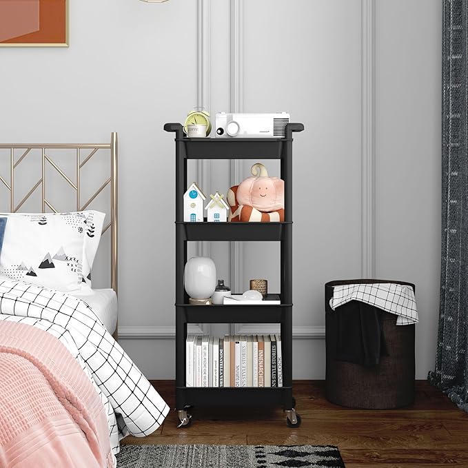 MIOCASA Utility Rolling Cart with Detachable Tray Top, 4-Tier Kitchen Storage Organization, Art Cart with Wheels for Office, Classroom, Livingroom, Kitchen, Bathroom (Black, 4-Tier-Plastic)