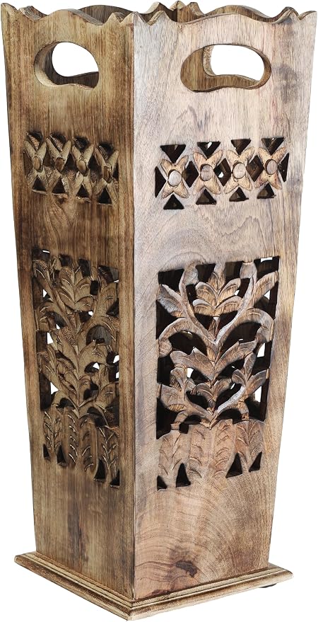 Hand-Carved Wooden Umbrella Stand & Walking Cane Holder, 21 Inch Tall Decorative Umbrella Rack, Rustic Floor Storage Organizer for Entryway, Hallway, Home & Office