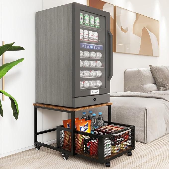 PUNCIA 19.7x23.6in Mini Fridge Stand with Large Capicity Storage Sturdy Refrigerator Table with Lockable Wheels Rolling Fridge Cart Heavy Duty Appliance Platform for Dorm, Apartment,Office, Bedroom