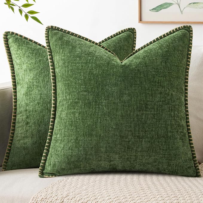 MIULEE Pack of 2 Euro Sham Pillow Covers 26x26 Inch Moss Green Farmhouse Decorative Throw Pillow Covers with Stitched Edge Soft Chenille Pillow Covers for Couch Sofa Bed Living Room, Forest Green