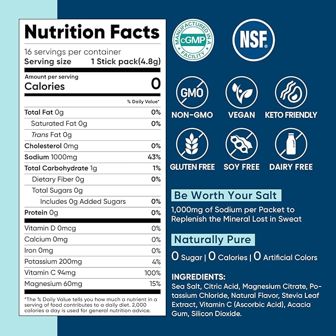 Venture Pal High Sodium Sugar-Free Electrolyte Powder Packets - Hydration Packets with Sodium, Potassium & Magnesium | Zero Calories | Vegan, Keto, and Paleo Friendly | 16 Sticks