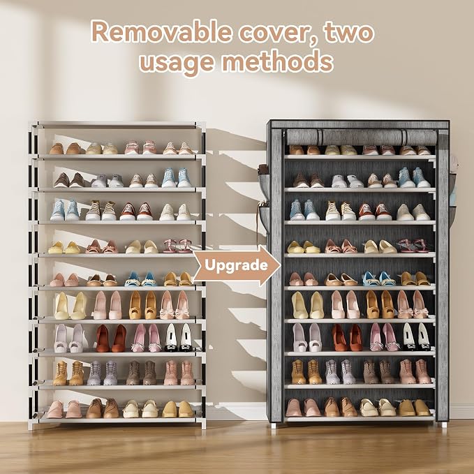 LANTEFUL Shoe Rack with Covers 10 Tier Tall Shoe Rack Organizer Large Capacity Shoe Shelf Storage 40 Pairs Space Saving Free Standing Shoe Storage Organizer for Closet, Entryway, Dorm, Printing
