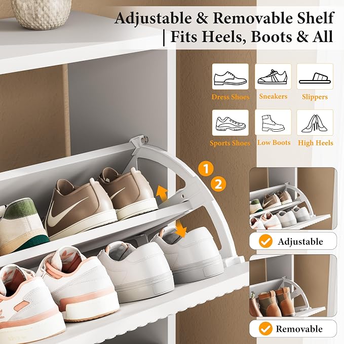 Nicetree Shoe Storage Cabinet for Entryway - 4 Flip Drawers Shoe Cabinet with Tiered Fluted Design - Slim Shoe Storage Rack with Gold Legs - Narrow Shoe Cabinet Hidden Shoe Organizer for Small Spaces