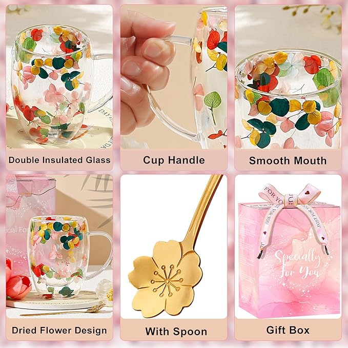 Gifts for Women Dried Flowers Double Wall Glass Coffee Mugs Cute Glass Tea Cups with Handles Christmas Birthday Gift for Best Friend Teacher Mum Gifts New Home Gift Ideas Autumn Mug Home Decor