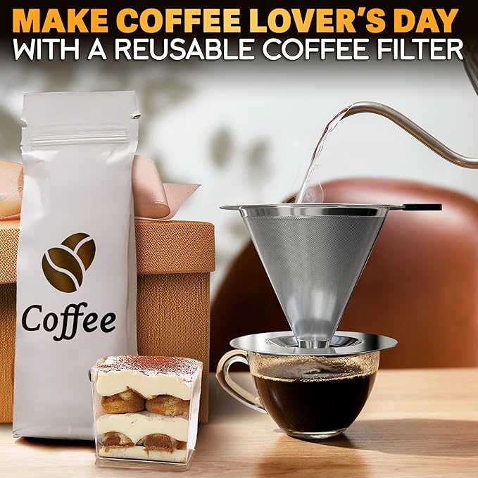 Stainless Steel Pour Over Coffee Maker With Cleaning Brush & Non-Slip Silicone Handle - 2 Cups Capacity Stainless Steel Pour Over Coffee Dripper With Secure Wide Base, Clean Flavor Paperless