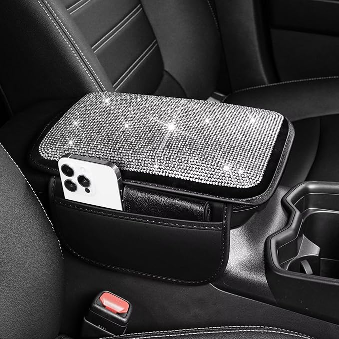 Bling Center Console Cover Fit for Toyota Corolla with 2 Storage Bags Fully Diamond-Studded Style Center Console Armrest Cover with Total Protection(Silver Diamond)