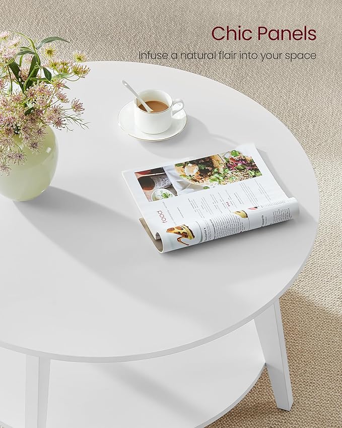 VASAGLE MAEZO Collection - Round Coffee Table, 2-Tier Center Table with Storage, Tapered Legs, Curved Transitions, 31.5 Dia. x 17.7 H Inches, Easy Assembly, for Living Room, Snow White ULCT243W14