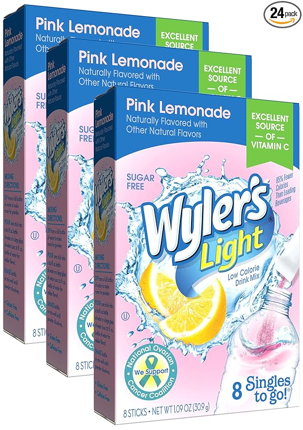Wyler's Light Singles To Go Powder Drink Mix, Pink Lemonade, 8 Count (Pack of 3)