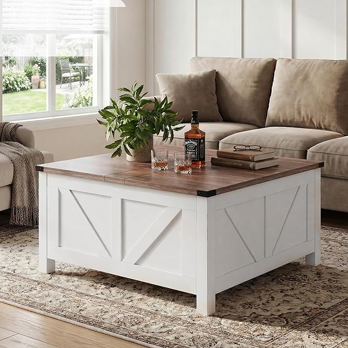35” Farmhouse Coffee Table with Large Storage, Rustic Wood Lift Top Coffee Table for Living Room, Square Center Table with Charging Station&USB, Modern Port Pottery Barn Lift top Table