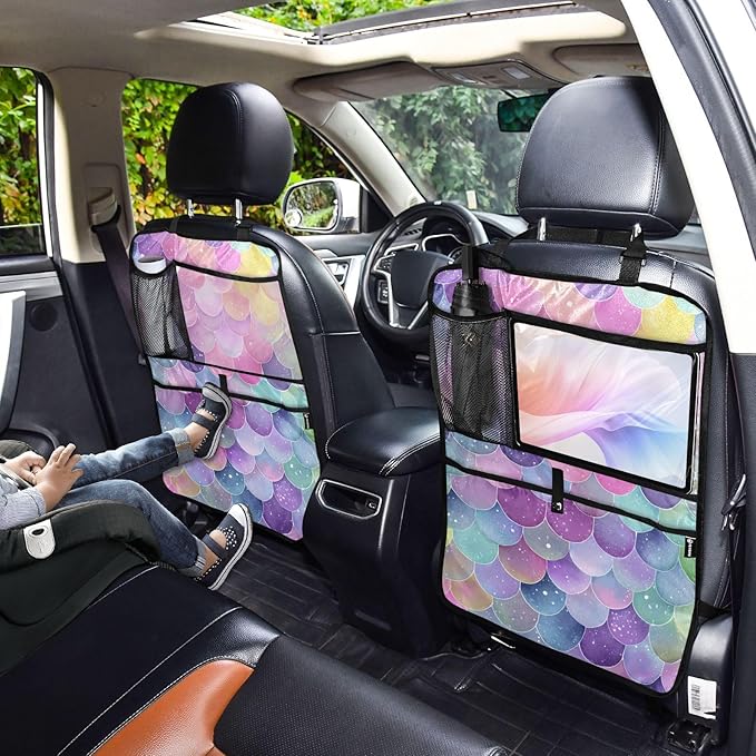2 Pack Back Seat Car Organizer with Storage Pockets Kick Mats Back Seat Protector Hanging Car Organizer Automotive Seat Back Cover Organizers Watercolor Mermaid Scales Colors