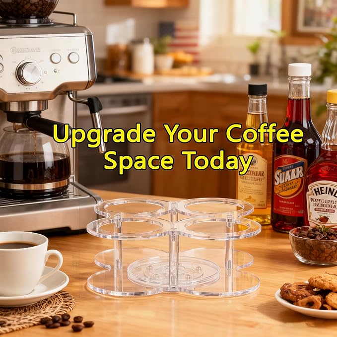 Acrylic Syrup Dispenser Organizer, 360°Rotating Storage Rack for 4 Bottles,Clear Coffee Syrup Bottle Holder for Coffee Station Accessories,Home Bar,Kitchen-Fits 16.9 oz Bottles(Syrup Rack Only)