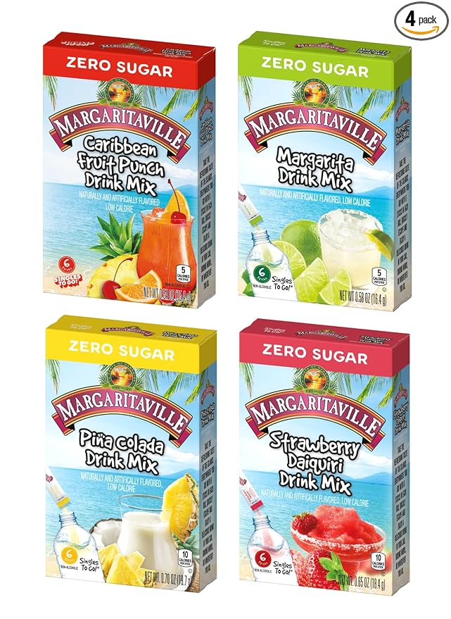 SINGLES TO GO! Margaritaville Variety One Box of Each Flavor, Pina Colada, Strawberry Daiquiri, Margarita and Caribbean Fruit Punch - Powdered Drink Mix (Pack of 4)
