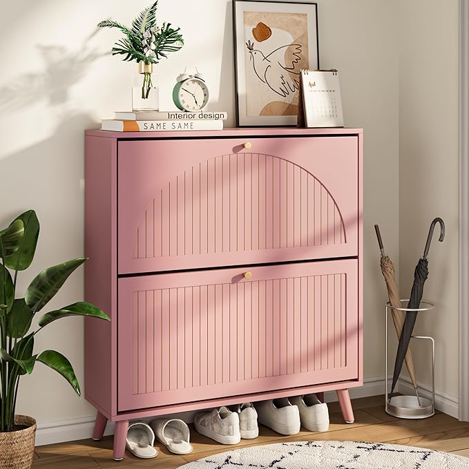 Fsbecl Shoe Storage Cabinet for Entryway with 2 Flip Drawers, Narrow Wood Shoe Cabinet with Fluted Panel, Freestanding Hidden Shoe Organizer for Foyer, Hallway (Pink - with Shelf)