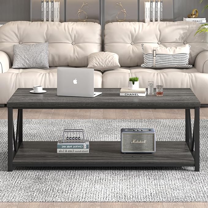 FOLUBAN Coffee Table with Storage, Modern Small Center Tables for Small Spaces, Rustic Wood and Metal Cocktail Table for Living Room, 39.3 Inch Dark Gray