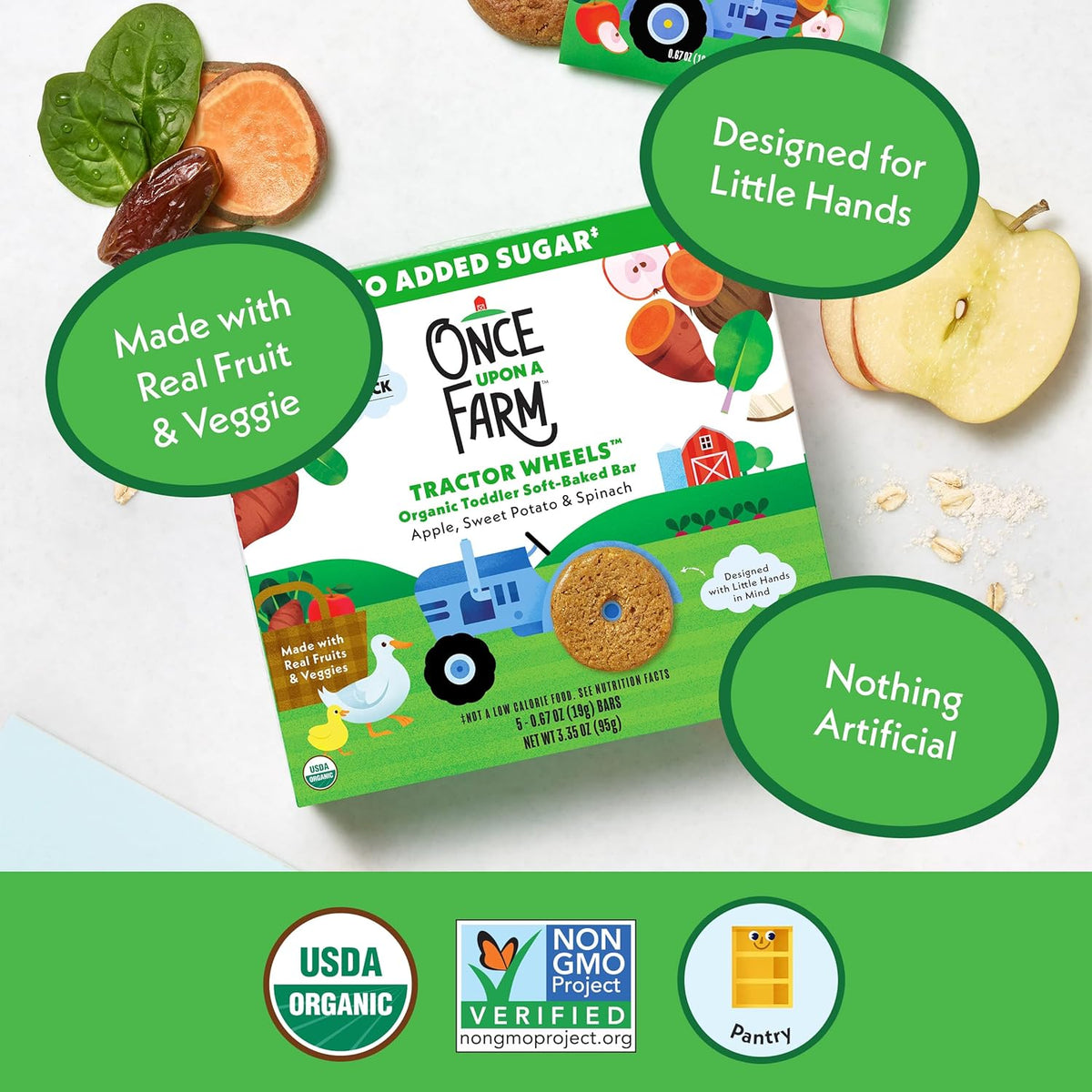 Once Upon a Farm Organic Tractor Wheels Toddler Bar, Apple, Sweet Potato & Spinach
