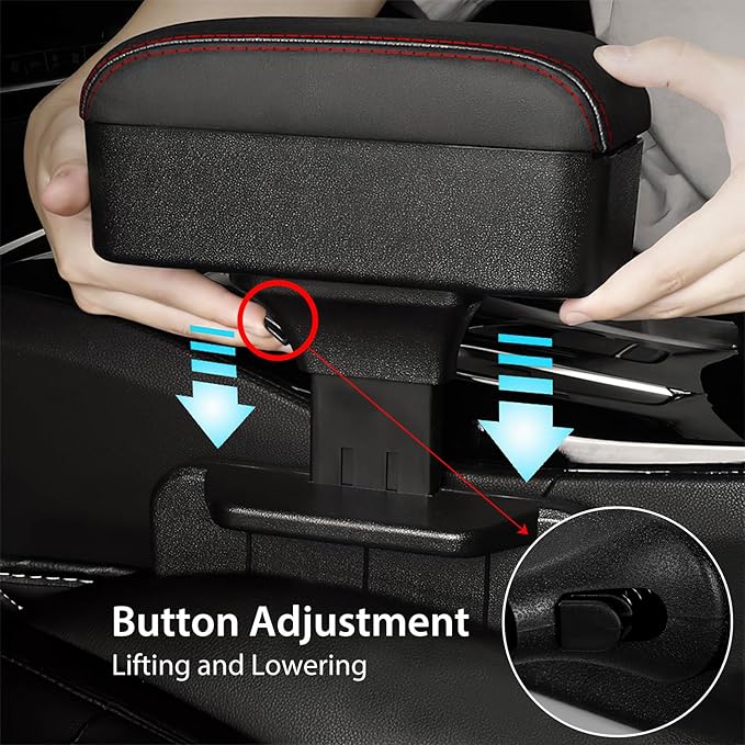 Rupse Universal Car Armrest Storage Box with Cup Holder, Adjustable Wrist Support, Center Console Organizer for Most Cars (Black Red Line)