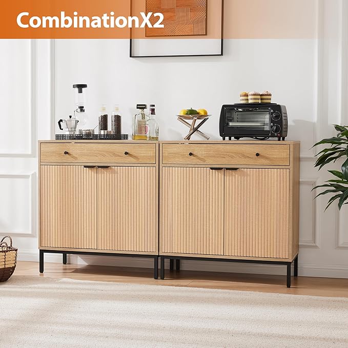 Mericonia Set of 2 Buffet Sideboard Cabinet with Storage, Fluted Coffee Bar with Doors and Adjustable Shelves, Modern Wood Console Cabinet for Kitchen, Livingroom