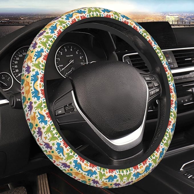 Dinosaur-Cartoon Car Steering Wheel Cover, 15 Inch Steering Wheel Cover Stylish Decor for Most Cars